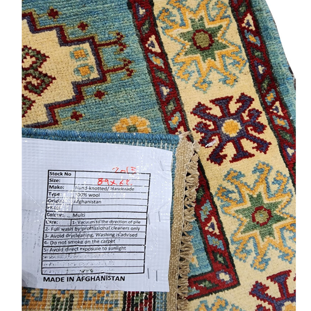 Rugs: Afghan Handmade Kazaq Carpet 89 X 62cm