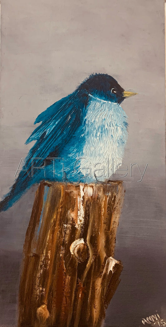 Original South African Art: Anni Thirtle - Blue Bird on Stump